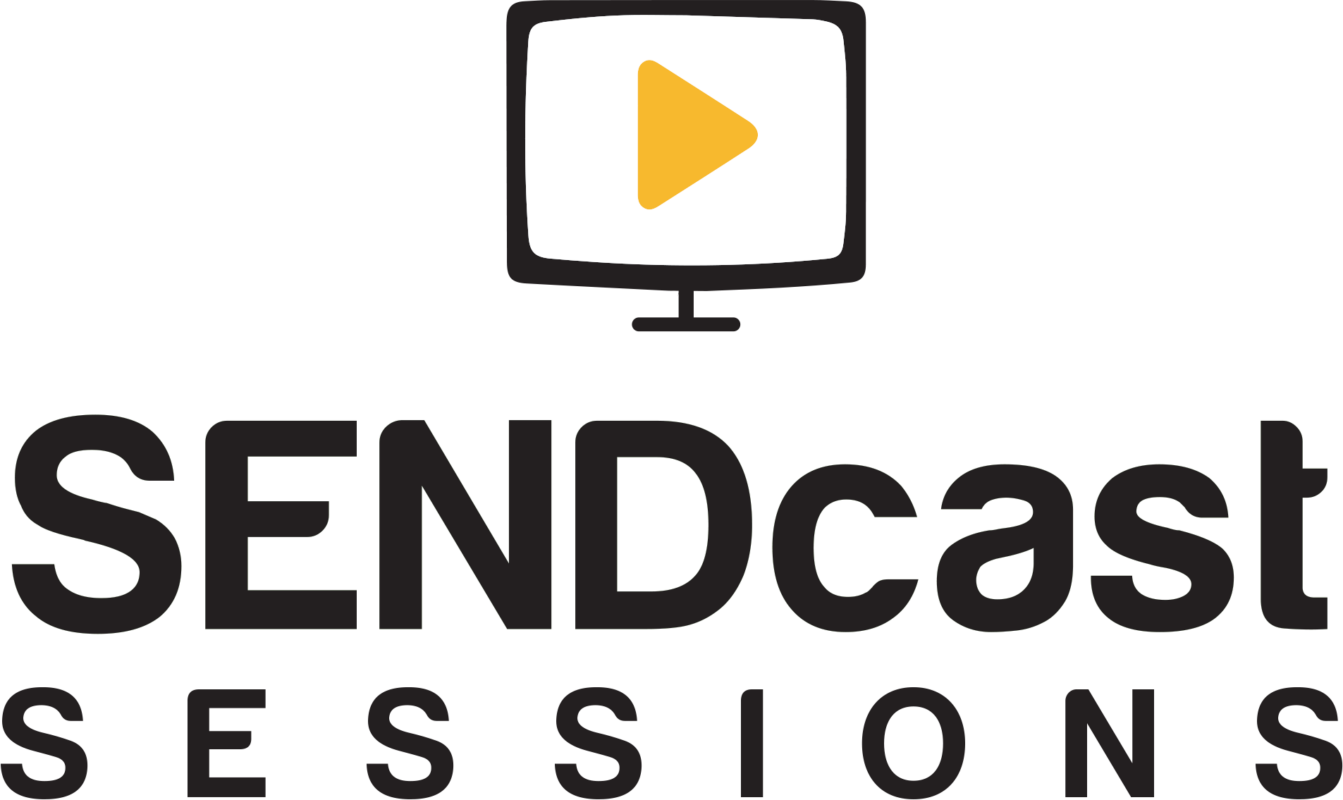 SENDcast sessions logo white TV black text
